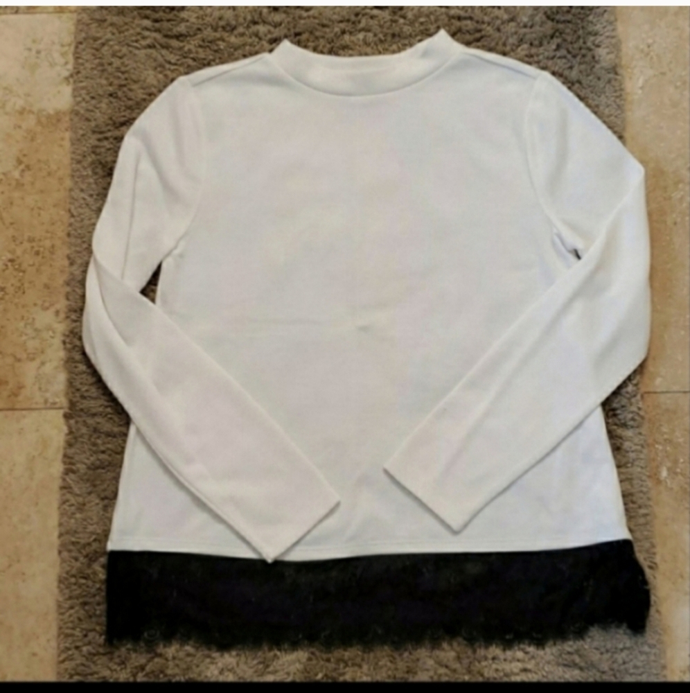 LOFT White Top with Black Lace Detail